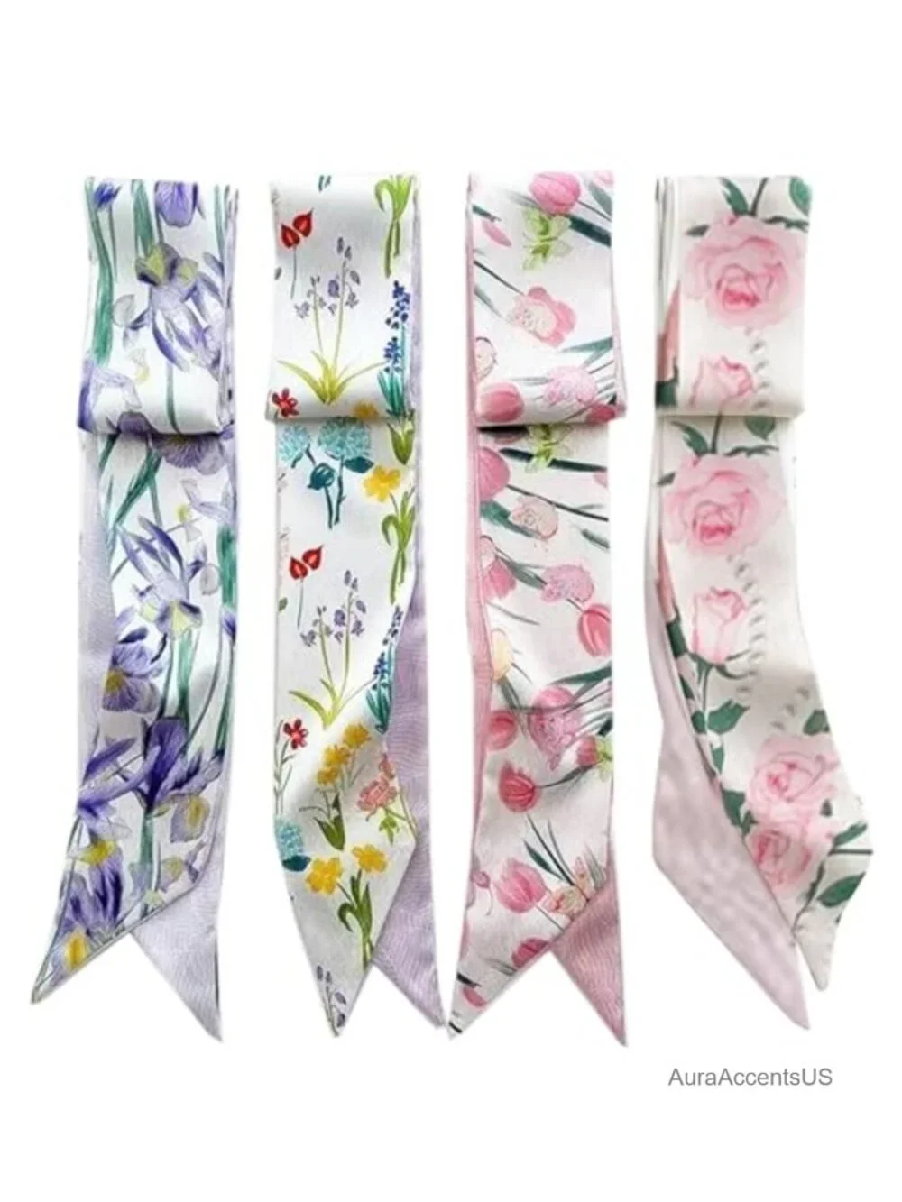 Retro Floral Small Ribbon Silk Scarf - Hair Band Tie Neck Scarf Fashion